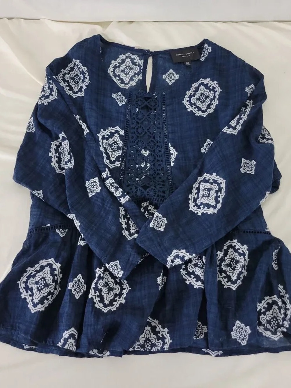 Michael Stars Navy Blue Crocheted-Front Printed Tunic